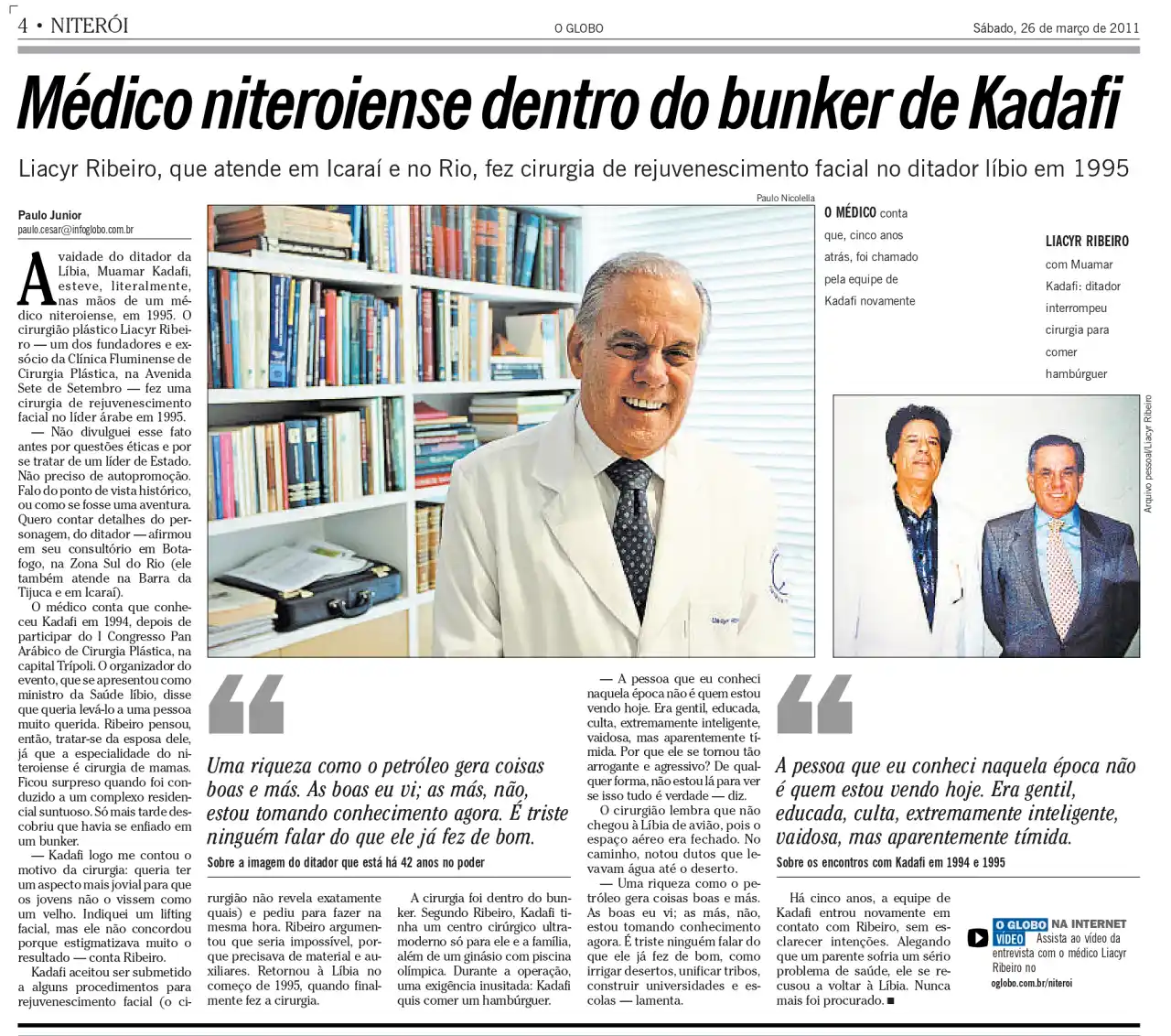 Reportagem impressa do jornal O Globo com entrevista sobre cirurgião em bunker de Muamar Kadafi